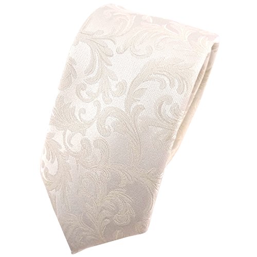 TigerTie schmale Hochzeit Seidenkrawatte creme Uni Rankenmuster - Krawatte 100% Seide von TigerTie