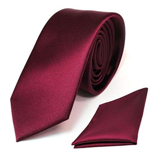 TigerTie - schmale Designer Krawatte Einstecktuch in rot bordeaux einfarbig uni von TigerTie