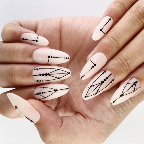 Mandelförmige Nägel zum Aufdrücken, Linien-Design, französische künstliche Nägel, Acryl, künstliche Nägel, zum Aufkleben auf Nägel für Frauen, 24 Stück von ohodhmnu