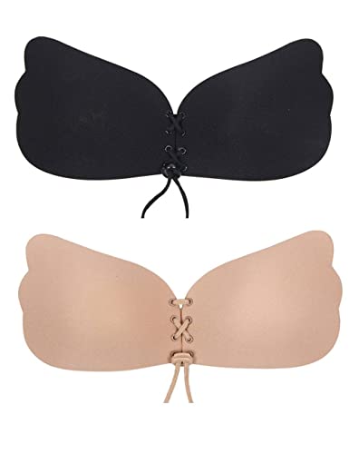 Damen 2PC Klebe BH Rückenfrei Push Up BH Klebriger Unsichtbarer Trägerloser BH Wiederverwendbare Nippel Abdeckungen mit Tunnelzug für Abendkleider Brautkleider(Mehrfarbig 2,A) von ohyeahlady