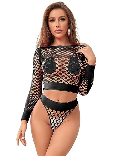 Erotische Dessous Frau Reizwäsche für Sex Damen Transparent Body Langarm Fishnet Sexy Oberteil Strand Netzbody Langarm Unterwäsche Dessous Set Große Größen Clubwear(Schwarz,XS-M) von ohyeahlady