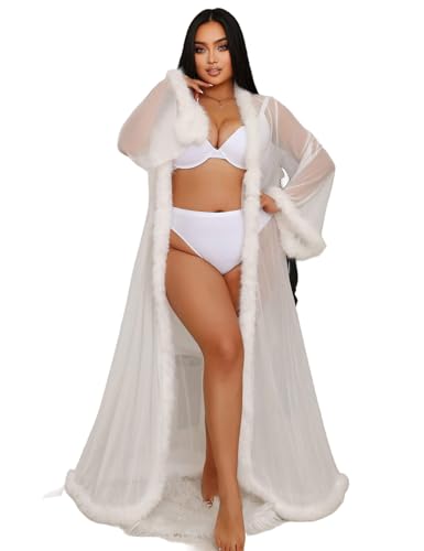 Morgenmantel Federn Sexy Kimono Damen Erotisch Lang Durchsichtig Dessous Mesh Feather Robe Nachtwäsche Große Größen Bikini Cover Up Negligee Bademantel mit Gürtel Strandkleid Valentinstag Weiß,M-L von ohyeahlady