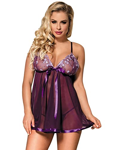 ohyeahlady Spitze Negligee Damen Babydolls Dessous Reizwäsche Große Größen Nachtkleid mit G-String Nachtwäsche Lingerie Set Nachthemd(Lila A,S-M) von ohyeahlady