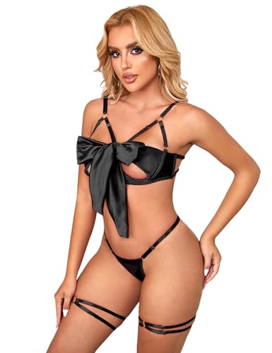 Reizwäsche für Sex Damen Hochwertig Mollig Erotische Unterwäsche Dessous Sexy Set Große Größen Valentinstag Push Up Brustfrei BH und Slip Set Strapsen Dessous Set Lingerie Party Clubwear Schwarz XS-S von ohyeahlady