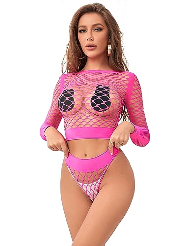 Reizwäsche für sex Damen Sexy Oberteil Erotisch Fishnet Unterwäsche Dessous Set Durchsichtig Bodystockings Hohe Elastizität Bodysuit Lingerie Clubwear Curvy Langarm Große Größen(Rosa,L-XXL) von ohyeahlady