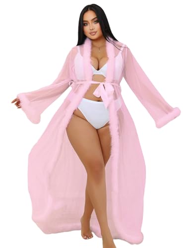 Sexy Kimono Damen Erotisch Lang Durchsichtig Dessous Spitze Morgenmantel Feder Robe Bikini Cover Up Mesh Maxi Kleid Strandkleid Umstandskleid Babydoll Negligee Cardigan mit Gürtel Rosa,XL-XXL von ohyeahlady