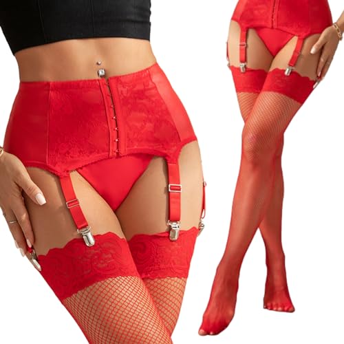 ohyeahlady Strapsgürtel mit Strümpfe Damen Sexy Kunstleder Strapshalter mit 6 Metallclips Punk Breit Strapsen Dessous Set Wetlook Strumpfhalter Große Größen Strumpfband(Rot,XL) von ohyeahlady