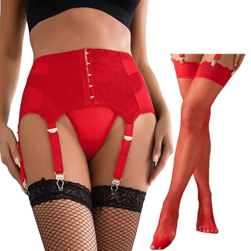 Strapsgürtel mit Strümpfe set Sexy für Damen Strapsen Dessous Set Breit Spitzen Große Größen Strumpfhalter Hüfthalter Strapshalter Slip Hosenträger mit 6 Halter Metallclip EU 40 42(Rot,M-L) von ohyeahlady