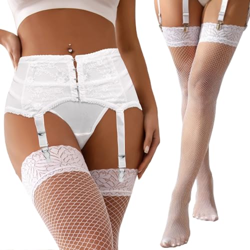 Strapsgürtel mit Strümpfe set Sexy für Damen Strapsen Dessous Set Breit Spitzen Große Größen Strumpfhalter Hüfthalter Strapshalter Slip Hosenträger mit 6 Halter Metallclip EU 48 50(Weiß,3XL-4XL) von ohyeahlady