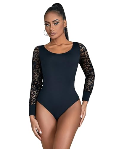 ohyeahlady Langarm Body Damen Rundhals mit Druckknöpfen Spitze Sexy Elegant Bodysuit Langarm Dessou Große Größen Jumpsuit Oberteile Tops Bluse Stringbody Spitzebody Outfit Schwarz,S von ohyeahlady