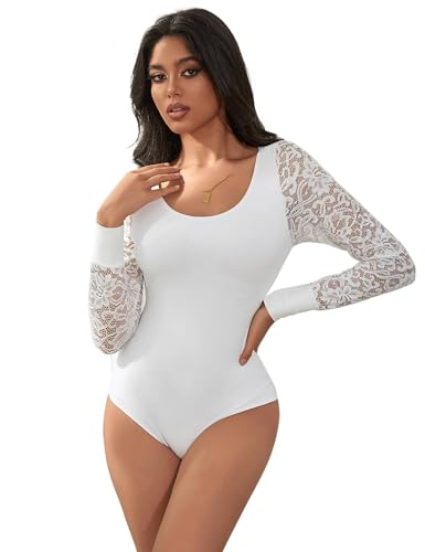 ohyeahlady Langarm Body Damen Rundhals mit Druckknöpfen Spitze Sexy Elegant Bodysuit Langarm Dessou Große Größen Jumpsuit Oberteile Tops Bluse Stringbody Spitzebody Outfit Weiß,XL von ohyeahlady