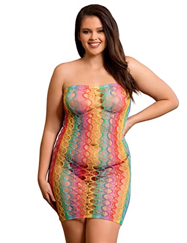 ohyeahlady Bodystocking Damen Regenbogen Große Größen Kleid Sexy Fischnetz Spitze Rainbow Minikleid Bikini Cover Up Negeligee Bodysuit Unterwäsche für Strand Urlaub(Mehrfarbig,L-XXL) von ohyeahlady
