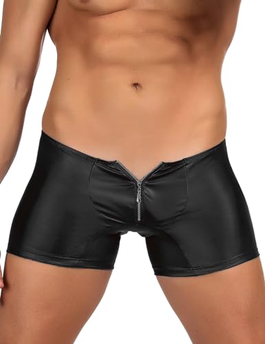 ohyeahlady Latex Boxershorts für Herren Sexy mit Reißverschluss Wetlook Männer Gay Unterwäsche Große Größen Dessous Reizwäsche Hole Elastizität Unterhosen Gummi Shorts Boxer Briefs Schwarz L von ohyeahlady