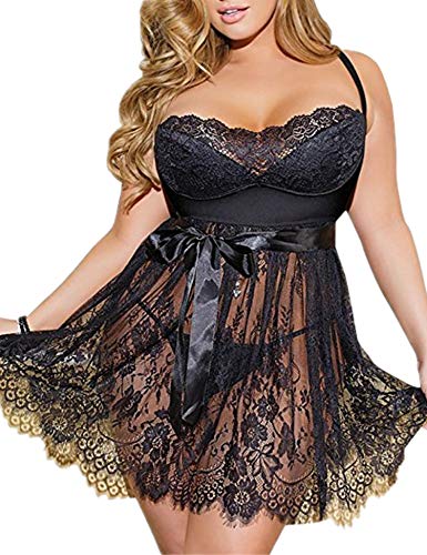 ohyeahlady Damen Kleider Babydoll Lingerie Mesh Spitzen Nachtwäsche Dessous Set Sleepwear Dress Reizwäsche Negligee mit G-String Große Größen(Schwarz,M-L) von ohyeahlady