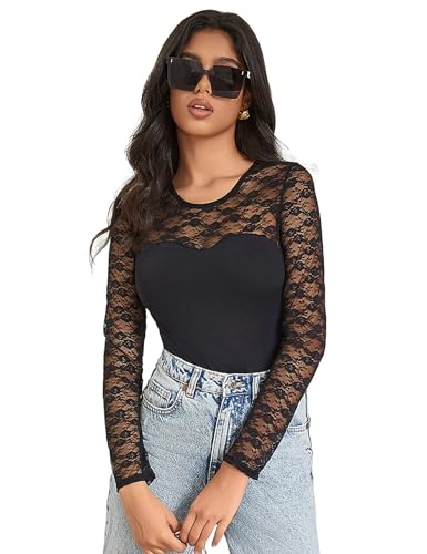 ohyeahlady Stringbody Damen Langarm Schwarz Body Spitze Sexy Elegant Mesh Stringbody Große Größen Bodysuit mit Druckknöpfen Bluse Transparenter Oberteil Tops Curvy Schwarz,M von ohyeahlady