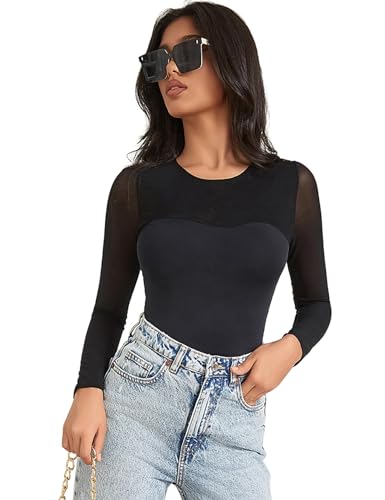 ohyeahlady Langarmbody Spitze Damen Sexy Mesh Oberteil Große Größen Bodysuit Elegant Stringbody mit Druckknöpfen Spitze Bodys Schwarz Women Curvy Tops Outfit Bluse Mollige Frauen,M von ohyeahlady