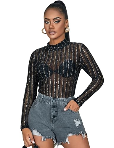 ohyeahlady Body Damen Langarm Spitze Elegant Desouses für Frauen Sexy Spitzenbody Große Größen Bodysuit mit Druckknöpfen Mesh Stringbody Unterziehbody Transparenter Oberteil Bluse Curvy Schwarz B,XXL von ohyeahlady