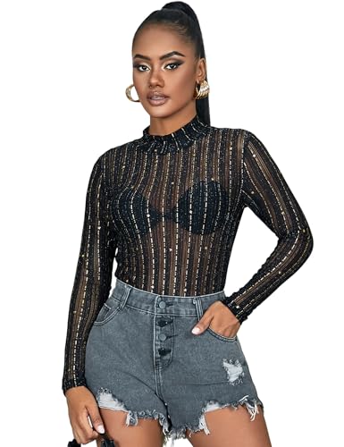 ohyeahlady Damen Body Sexy Schwarz Sheer Mesh Tops Langarm Bodysuit Spitze Elegant Bluse Transparent Oberteil Dessous Große Größen Stringbody mit Druckknöpfen Party Clubwear Schwarz,XL von ohyeahlady