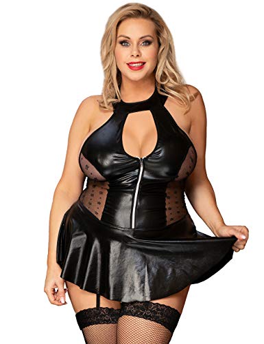 ohyeahlady Lederkleid Damen Sexy Kunstleder Catsuit Rückenfrei Frauen Wetlook Reizwäsche Dessous mit Strapsen Große Größen Minirock Erotisch Unterwäsche Curvy Clubwear Nachtwäsche XS-S,Schwarz von ohyeahlady