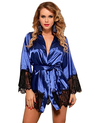 ohyeahlady Damen Morgenmantel Kimono Kurz Robe Satin-Seide Blumenspitzen V-Ausschnitt Bademantel Nachthemden mit Gürtel(3XL-4XL,Blau 2) von ohyeahlady