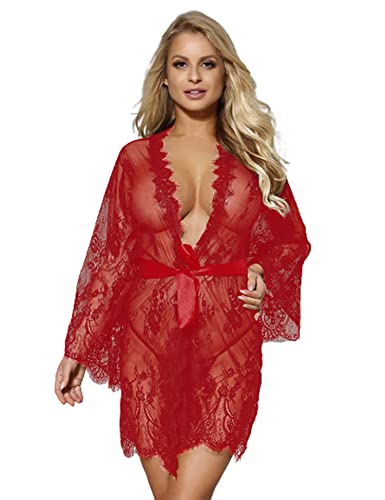 ohyeahlady Damen Kimono Spitzen Robe Volant Langarm Transparent Weiter Ärmel Morgenmantel Reizwäsche Nachtwäsche Bademantel Dessous Set mit G-String Gürtel Große Größen(Rot,XL-XXL ) von ohyeahlady