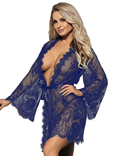 ohyeahlady Damen Kimono Spitzen Robe Volant Langarm Transparent Weiter Ärmel Morgenmantel Reizwäsche Nachtwäsche Bademantel Dessous Set mit G-String Gürtel Große Größen(Blau,5XL-6XL) von ohyeahlady