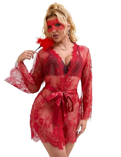 ohyeahlady Damen Kimono Spitzen Robe Volant Langarm Transparent Weiter Ärmel Morgenmantel Reizwäsche Nachtwäsche Bademantel Dessous Set mit G-String Gürtel Große Größen(Rot,M-L) von ohyeahlady