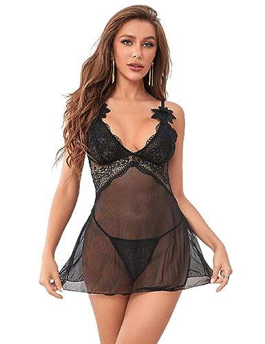 ohyeahlady Sexy Negligee Damen Große Größen Spitze Reizwäsche Dessous Set Nachtkleid Babydoll Lingerie Mesh Nachtwäsche Sleepwear Dress(Schwarz F,3XL-4XL) von ohyeahlady