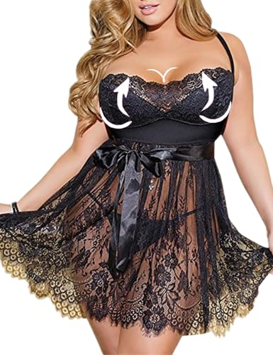 ohyeahlady Damen Negligee Sexy Reizwäsche Dessous Damen Sexy Unterwäsche Curvy Babydoll für Mollig Frauen Spitze Nachtwäsche Große Größen V-Ausschnitt Nachthemd Erotisch Nachtkleid Schwarz,XL-XXL von ohyeahlady