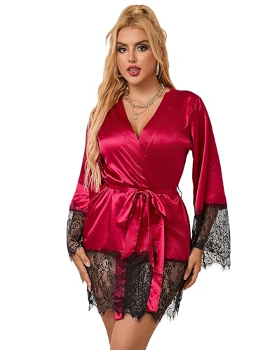 Morgenmantel Damen Kurz Sexy Satin Kimono Leicht Sommer Bademantel für Hochzeit Braut Brautjungfern Strand Seide Negligee Curvy Japanisch Pajama mit Gürtel Nachthemden Große Größen Rot,3XL-4XL von ohyeahlady