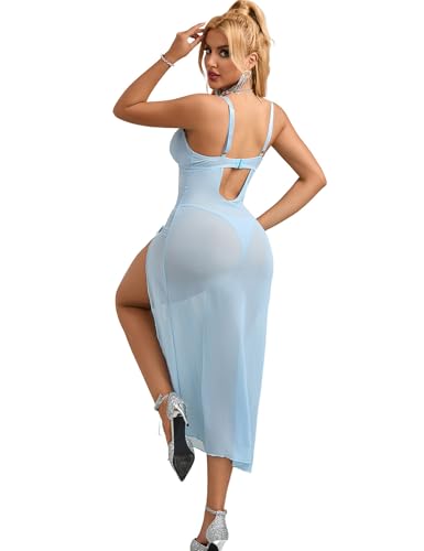 ohyeahlady Damen Sexy Negligee Lang Partykleid Tranpsarnet Babydoll mit String Mesh Sleepwear Große Größen Dessous Unterwäsche Curvy Ärmellos Lingerie Nachthemd Party Clubwear Blau XL von ohyeahlady