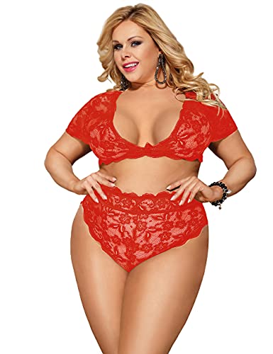 ohyeahlady Sexy Dessous Damen für Sex Sexy Reizwäsche Spitze Erotisch Unterwäsche V-Ausschnitt Transparente Dirndlbluse BH und Höschen Lingerie Erotik Negligee Curvy Große Größen(Rot,M-L) von ohyeahlady