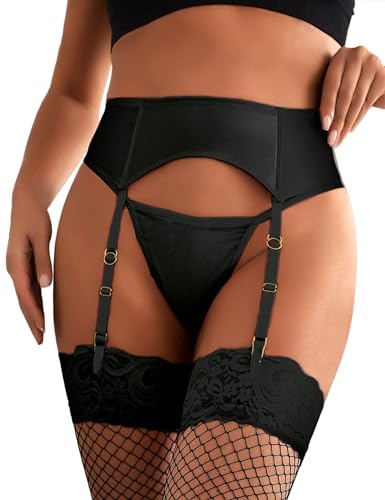 ohyeahlady Damen Strapsgürtel Kunstleder Sexy Breit Strapsen Dessous Set Strumpfhalter Strumpfgürtel Strapsen Halter Strapshalter Slip mit 4 Verstellbare Strapse(Schwarz,M-L) von ohyeahlady