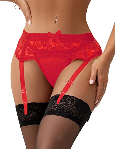 ohyeahlady Damen Strapsgürtel Spitze mit 4 Halter Strumpfhalter Strapsen Slips Dessous Set Strumpfband Hosenträger Hüfthalter(Rot,3XL-4XL) von ohyeahlady