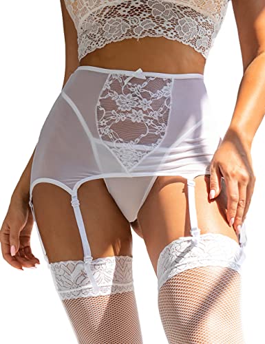 ohyeahlady Damen Strumpfgürtel Spitzen Strapsgürtel Strumpfhalter Strumpfband Strumpfhose Hüftgürtel mit verstellbare Clip Blumenmuster(Weiß,XS-S) von ohyeahlady