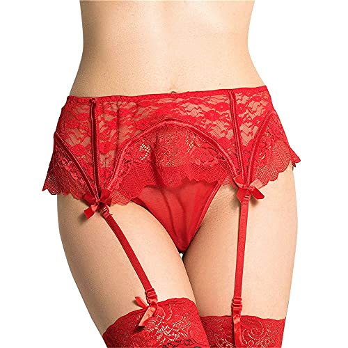 ohyeahlady Damen Strumpfhalter Sexy Spitze Strapsgürtel mit 4 Breit Strapsen Halter Strapsen Dessous Set Große Größen Strumpfband mit Metallclip Hüfthalter Strumpfgürtel B-Rot,3XL-4XL von ohyeahlady