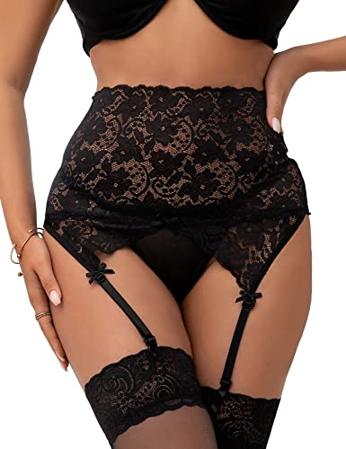 ohyeahlady Damen Strumpfgürtel Strumpfhalter Spitze Sexy Strapsgürtel Strapsen Dessous Set Breit mit 4 Strapse Hüfthalter Strumpfband mit Slip(3XL-4XL,Schwarz A) von ohyeahlady