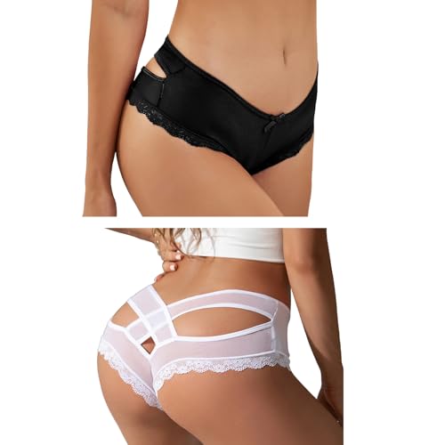 ohyeahlady Erotische Höschen Damen Sexy String Tanga Mesh Brazilian Slips Große Größen Dessous Unterwäsche Spitze Unterhosen Transparent Thong Übergröße Panty Atmungsaktiv Schwarz+Weiß M-L von ohyeahlady