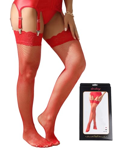 ohyeahlady Halterlose Strümpfe Für Damen Sexy Große Größen Stockings Elasthan Netzstrümpfe Halterlos mit Schmalem Spitzenband Netzstrümpfe Strapse Strümpfe für Strumpfhalter(XS-L,Rot A) von ohyeahlady