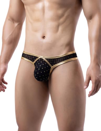 ohyeahlady Herren String Tanga Sexy Unterwäsche Netz Slips Kunstleder Große Größen Sissy Dessous Reizwäsche Mesh Unterhosen Thong Transparent Low-Rise G-String Mini Bikini Briefs Gold L von ohyeahlady