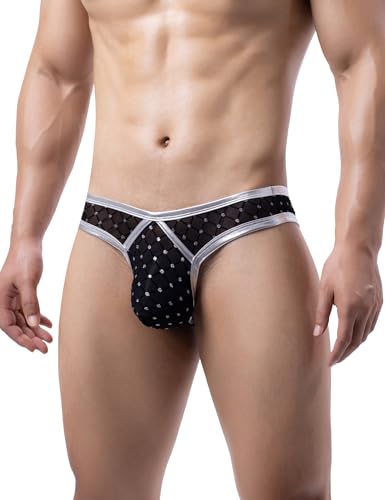 ohyeahlady Herren String Tanga Sexy Unterwäsche Netz Slips Kunstleder Große Größen Sissy Dessous Reizwäsche Mesh Unterhosen Thong Transparent Low-Rise G-String Mini Bikini Briefs Silber M von ohyeahlady