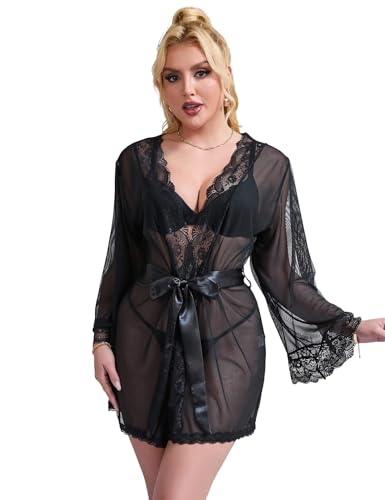 ohyeahlady Sexy Kimono Dessous Damen Sexy Unterwäsche Curvy Sexy Robe Kurz Babydoll Negligee Langarm Transparent Morgenmantel Reizwäsche Große Größen Nachtwäsche Bademantel Schwarz,3XL-4XL von ohyeahlady