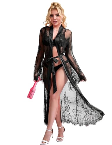 ohyeahlady Kimono Damen Lange Spitze Strandkleid Große Größen Reizwäsche Transparent Morgenmantel Nachtwäsche Bikini Cover Up Dessous Curvy Sommer Outfit Pyjama Party Clubwear mit Gürtel Schwarz L von ohyeahlady