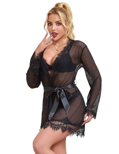 ohyeahlady Kimono Damen Sexy Mesh Robe Transparent Morgenmantel Große Größen Reizwäsche Nachthemd Spitze Dessous Set Bademantel Bikini Cover Up Strandkleid mit G-String Gürtel Schwarz 3XL-4XL von ohyeahlady