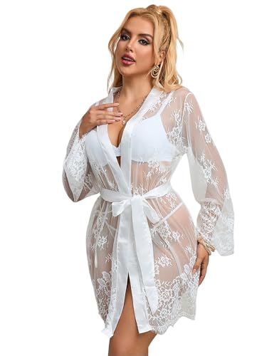 ohyeahlady Dessous Grosse Grössen Damen Babydoll Sexy Durchsichtig Kimono Spitze Negligee Dessous Damen Sexy Unterwäsche Curvy Morgenmantel Erotisch für mollige Braut Bademantel Bride Weiß,M-L von ohyeahlady