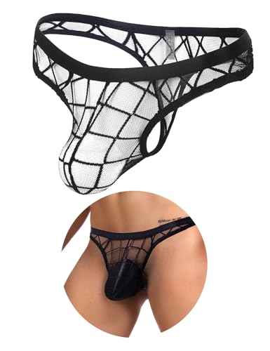 ohyeahlady Mini Slip Männer Mesh Unterwäsche Herren Sexy String Tanga Transparent Sissy Dessous Micro Thong Low Rise G-String Pouch Underwear Große Größen Borat Anzug Mankini Schwarz M von ohyeahlady