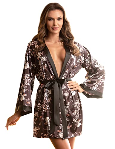 ohyeahlady Morgenmantel Seide Damen Sexy Kimono Satin Japanisch Strand Spitze Hochzeits Roben Weiter Ärmel Reizwäsche Set Cover Up mit G-String Gürtel(Schwarz B,M-L) von ohyeahlady