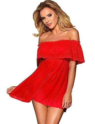 ohyeahlady Negligee Damen Spitze Babydoll heiß Nachtwäsche Set Off-Shoulder Nachthemd Dessous Kleid Große Größen Mesh Lingerie Reizwäsche Sleepwear mit G-String,Rot,XS-S von ohyeahlady