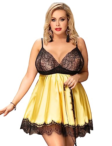 ohyeahlady Dessous Damen Negligee Sexy Große Größen Spitze Satin Nachthemd Babydoll Curvy Reizwäsche Tiefe V-Ausschnitt Lingerie Nachtwäsche Kurz Nachtkleid mit Augenklappe Gelb,3XL-4XL von ohyeahlady