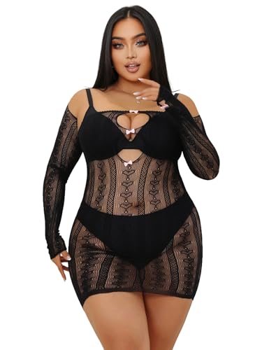ohyeahlady Netzkleider Damen Sexy Dessous Set Reizwäsche Große Größen Minikleid Transparent Partykleid Stretch Bodystockings Mesh Kleid Cosplay Lingerie Unterwäsche Curvy Box Packung Schwarz XS-M von ohyeahlady